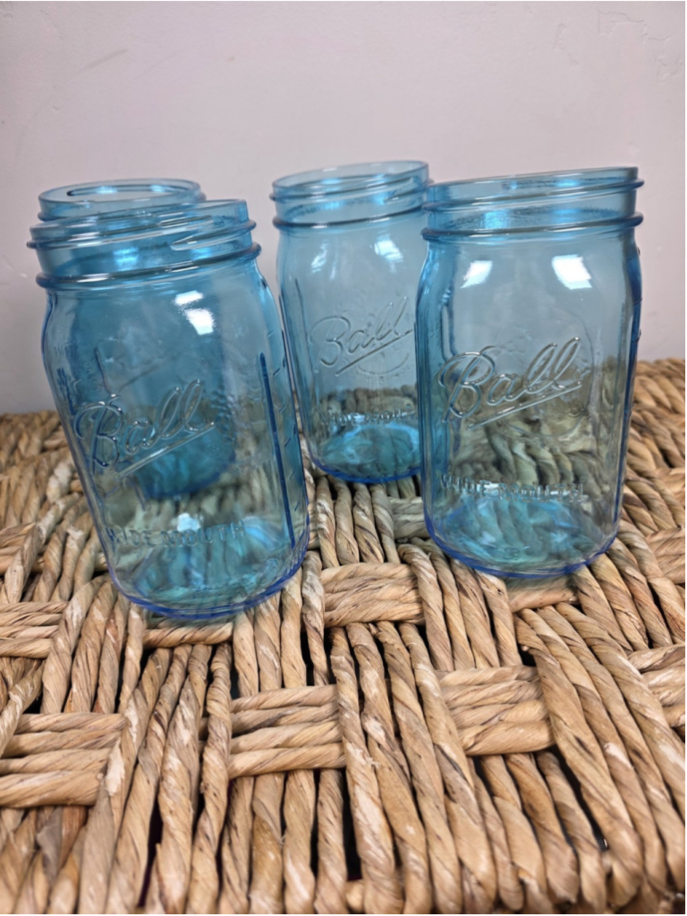 Ball Blue Wide Mouth Mason Jars 24 Oz 3 Cup Fruit Embossed USA Set of 4